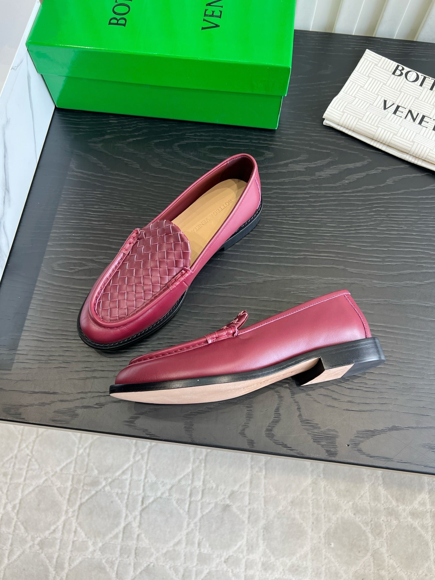 BOTTEGA VENETA 26S WOVEN LOAFERS IN DARK RED LAMBSKIN