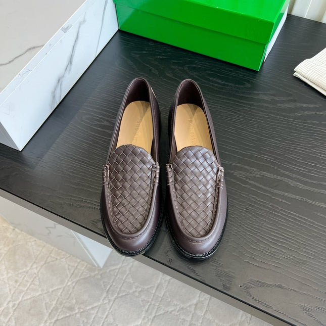BOTTEGA VENETA 26S WOVEN LOAFERS IN DARK BROWN LAMBSKIN