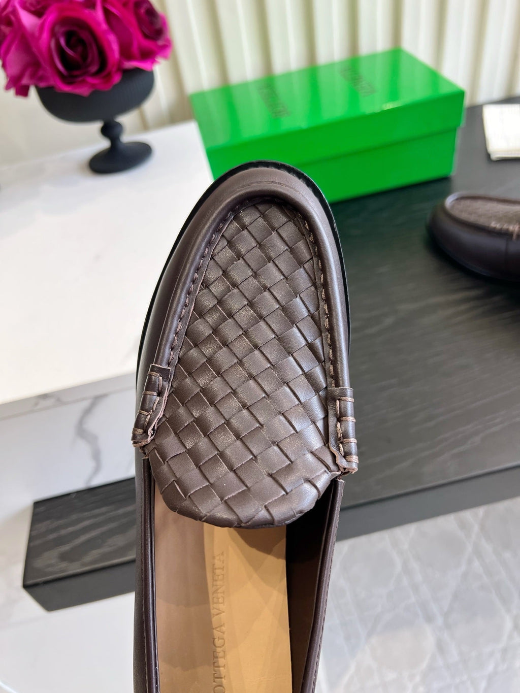 BOTTEGA VENETA 26S WOVEN LOAFERS IN DARK BROWN LAMBSKIN
