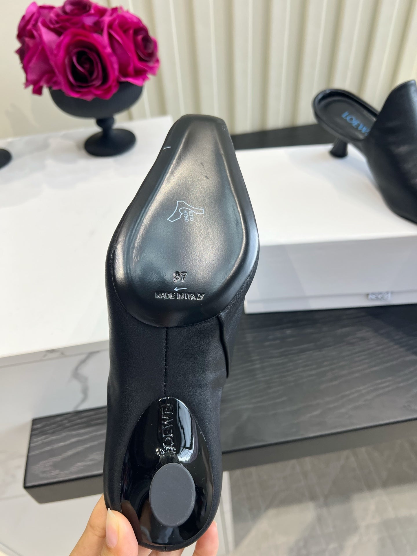 LOEWE 26S HEELED MULES IN BLACK CALFSKIN