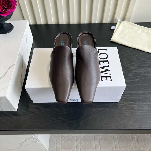 LOEWE 26S HEELED MULES IN DARK BLOWN CALFSKIN