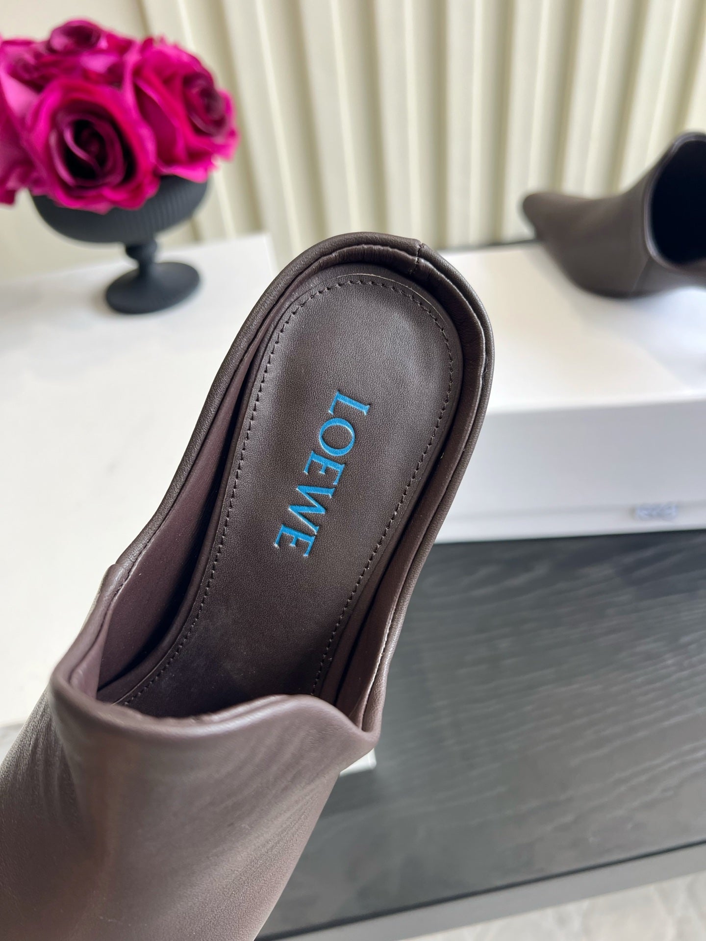 LOEWE 26S HEELED MULES IN DARK BLOWN CALFSKIN