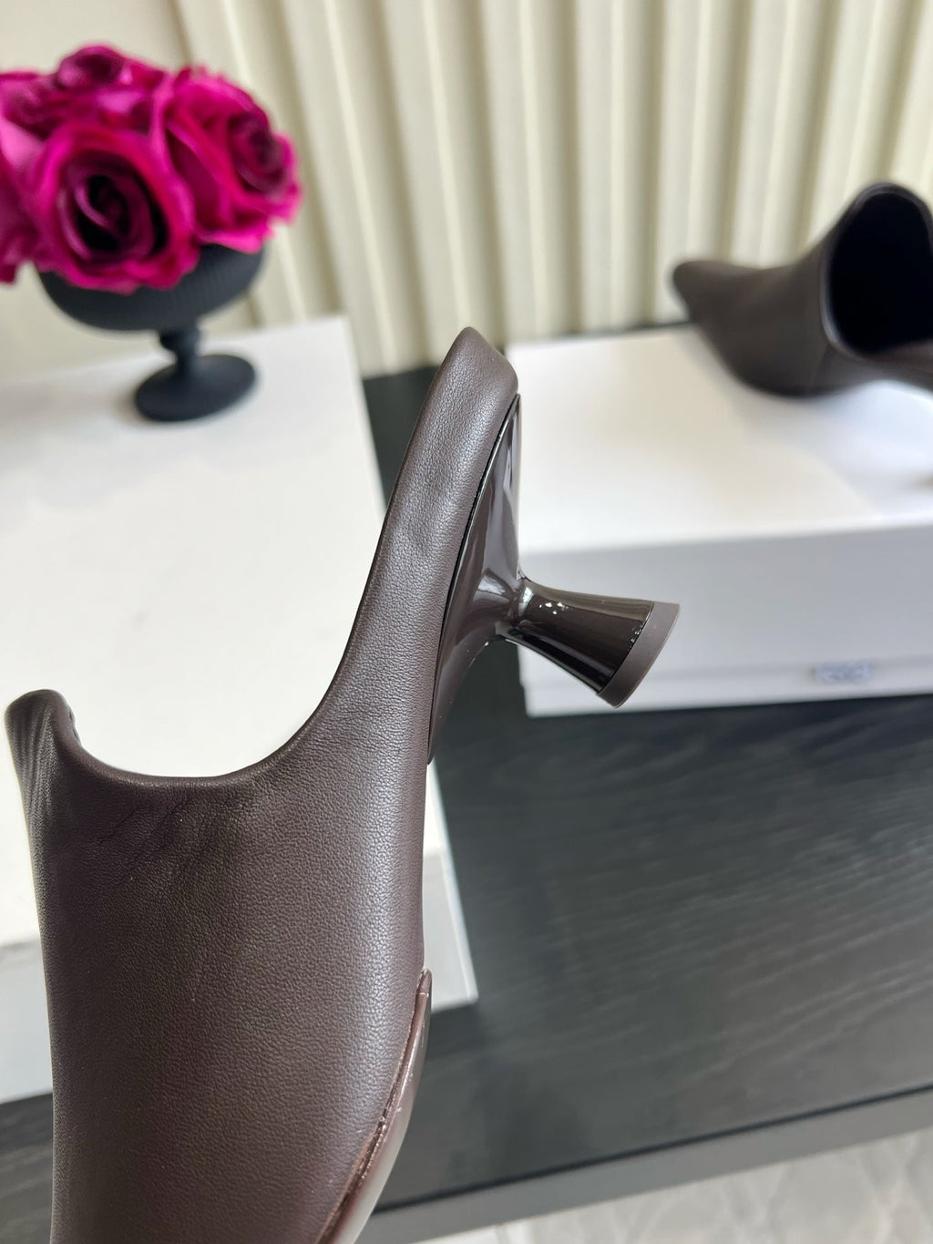 LOEWE 26S HEELED MULES IN DARK BLOWN CALFSKIN