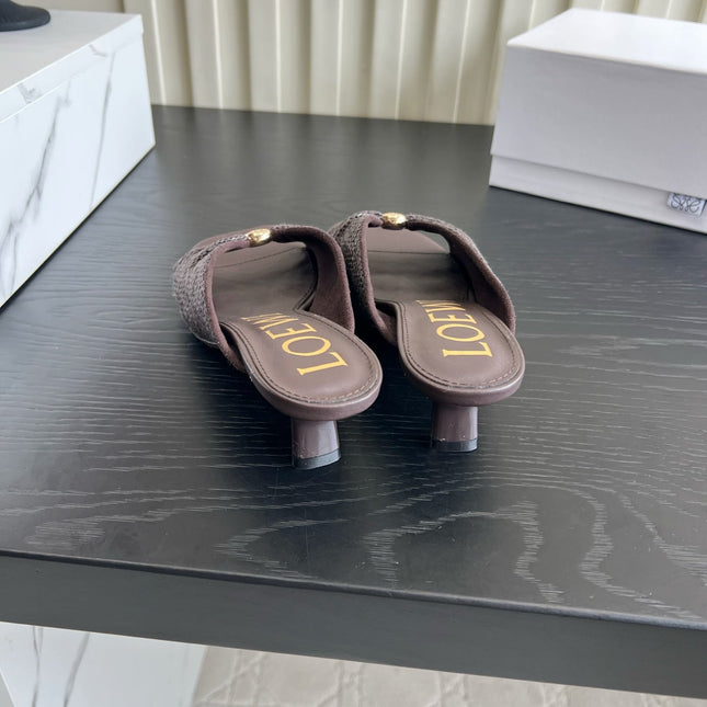 LOEWE 26S HIGH-HEEL SANDALS 45 MM IN DARK BROWN RAFFIA AND LAMBSKIN