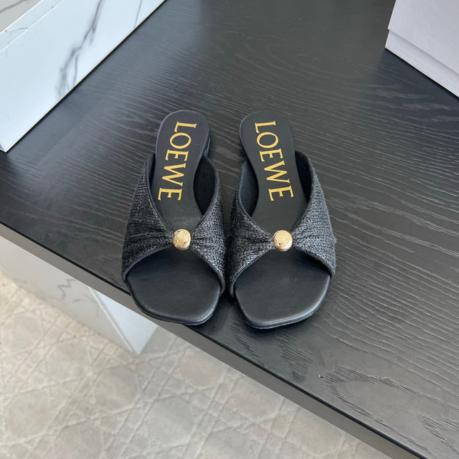 LOEWE 26S SANDALS IN BLACK RAFFIA AND LAMBSKIN