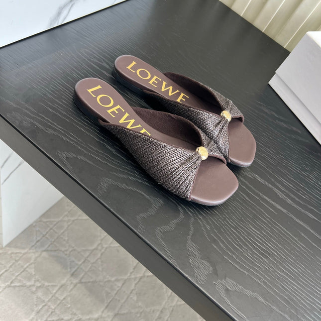 LOEWE 26S SANDALS IN DARK BROWN RAFFIA AND LAMBSKIN