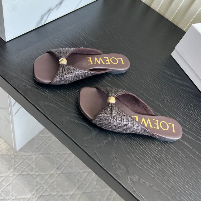 LOEWE 26S SANDALS IN DARK BROWN RAFFIA AND LAMBSKIN