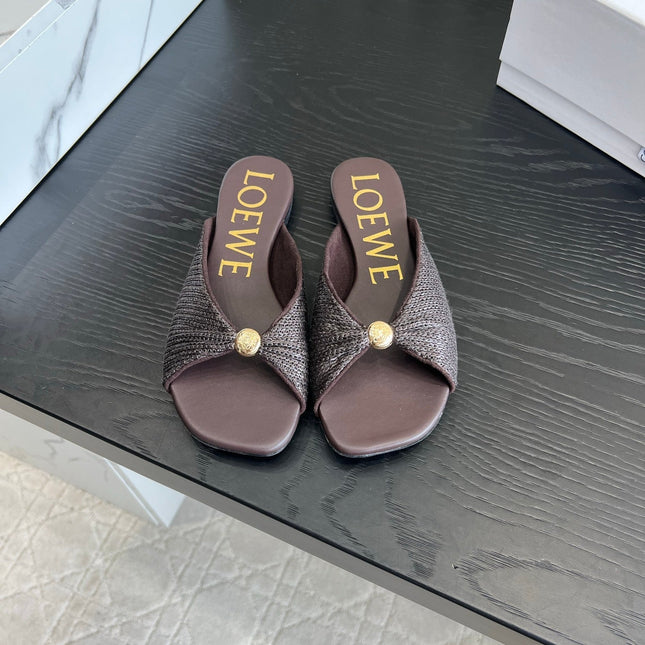 LOEWE 26S SANDALS IN DARK BROWN RAFFIA AND LAMBSKIN