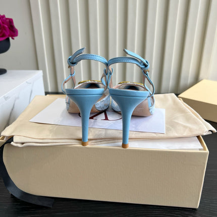 VALENTINO 26S SLINGBACKS 75 MM IN SKY BLUE FABRIC LACE