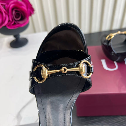 GUCCI 26S HORSEBIT GG SANDALS 105 MM IN BLACK PATENT CALFSKIN