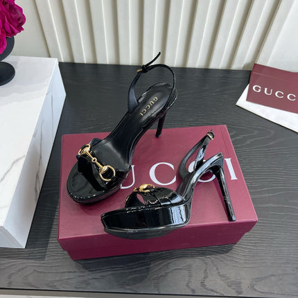 GUCCI 26S HORSEBIT GG SANDALS 105 MM IN BLACK PATENT CALFSKIN