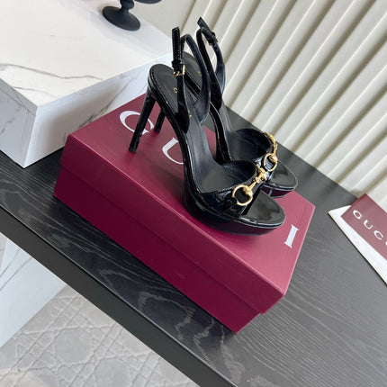 GUCCI 26S HORSEBIT GG SANDALS 105 MM IN BLACK PATENT CALFSKIN
