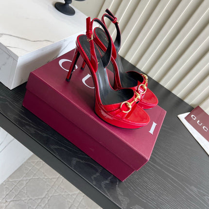 GUCCI 26S HORSEBIT GG SANDALS 105 MM IN RED PATENT CALFSKIN