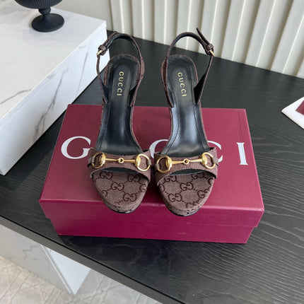 GUCCI 26S HORSEBIT GG SANDALS 105 MM IN DARK BROWN CANVAS