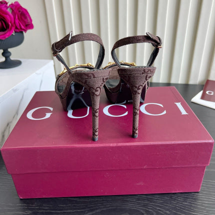 GUCCI 26S HORSEBIT GG SANDALS 105 MM IN DARK BROWN CANVAS