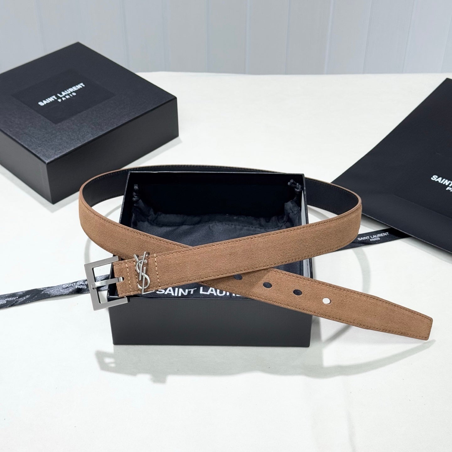 YSL 25S BELT 30 MM IN CARAMEL BROWN SUEDE 586762