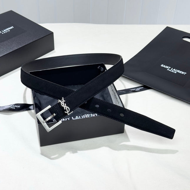 YSL 25S BELT 30 MM IN BLACK SUEDE WITH SILVER HARDWARE 586764