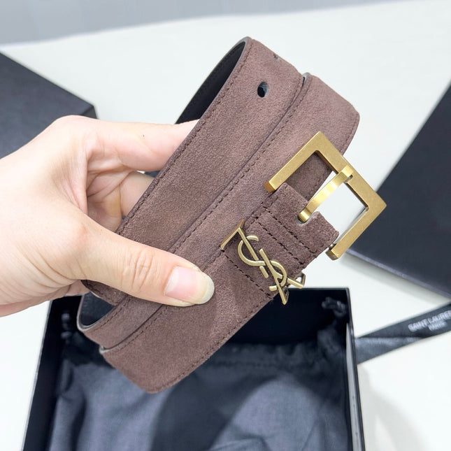 YSL 25S BELT 30 MM IN ASH BROWN SUEDE WITH GOLD HARDWARE 586765