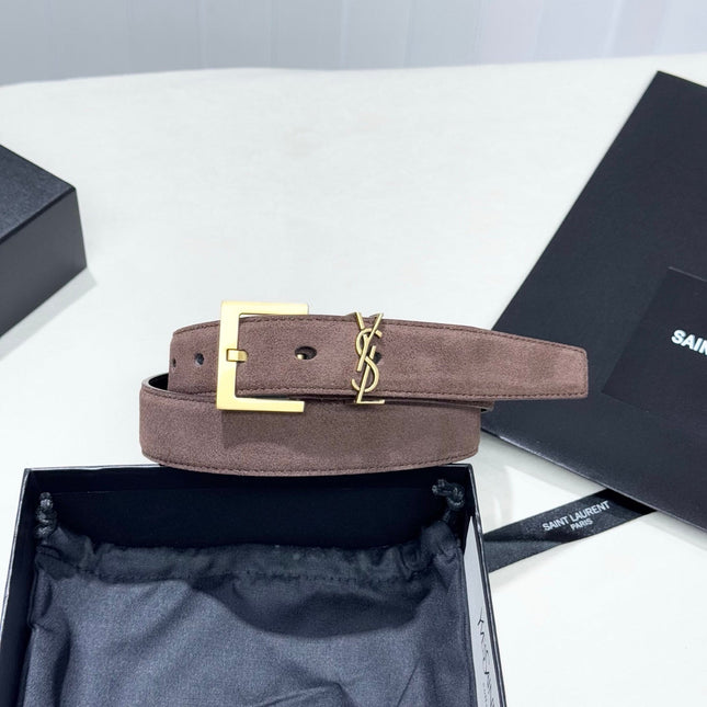 YSL 25S BELT 30 MM IN ASH BROWN SUEDE WITH GOLD HARDWARE 586765