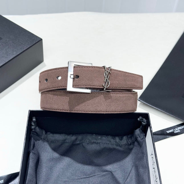 YSL 25S BELT 30 MM IN ASH BROWN SUEDE WITH SILVER HARDWARE 586766