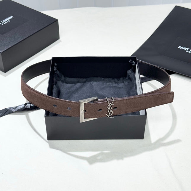 YSL 25S BELT 30 MM IN ASH BROWN SUEDE WITH SILVER HARDWARE 586766
