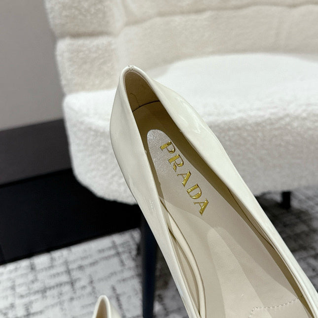 PRADA 25S SQUARE TOE HIGH HEELS IN IVORY GLOSSY CALFSKIN