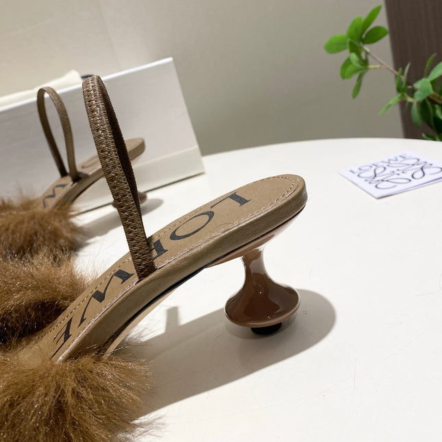 LOEWE 26S OPEN-BACK HIGH HEELS 60MM IN DARK BROWN CALFSKIN WITH FUR