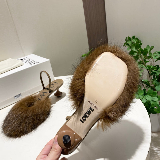 LOEWE 26S OPEN-BACK HIGH HEELS 60MM IN DARK BROWN CALFSKIN WITH FUR
