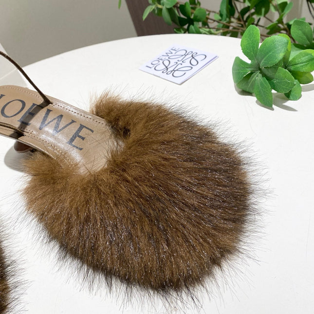 LOEWE 26S OPEN-BACK HIGH HEELS 60MM IN DARK BROWN CALFSKIN WITH FUR