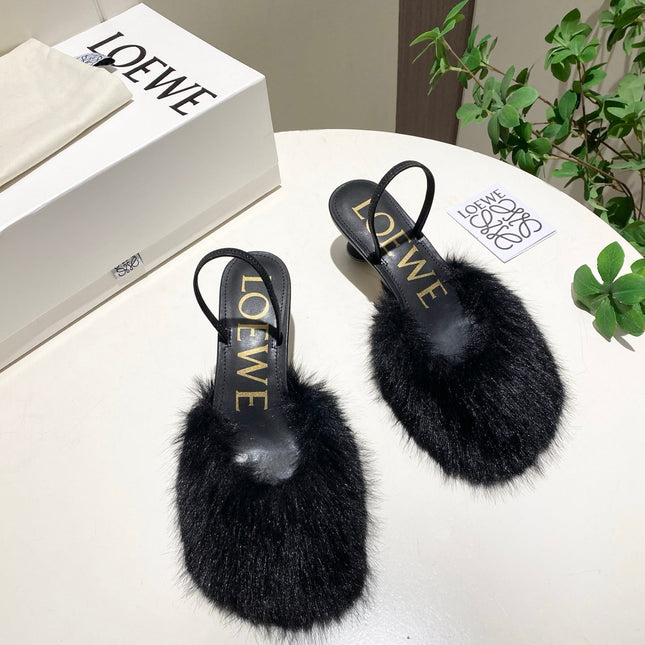 LOEWE 26S OPEN-BACK HIGH HEELS 60MM IN BLACK CALFSKIN WITH FUR