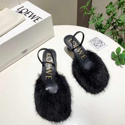 LOEWE 26S OPEN-BACK HIGH HEELS 60MM IN BLACK CALFSKIN WITH FUR