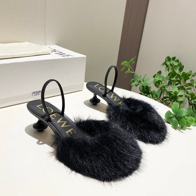 LOEWE 26S OPEN-BACK HIGH HEELS 60MM IN BLACK CALFSKIN WITH FUR
