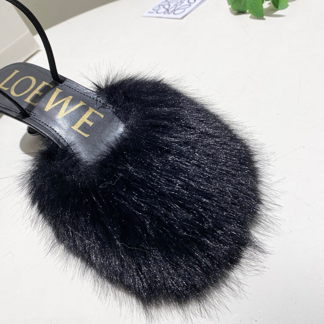 LOEWE 26S OPEN-BACK HIGH HEELS 60MM IN BLACK CALFSKIN WITH FUR
