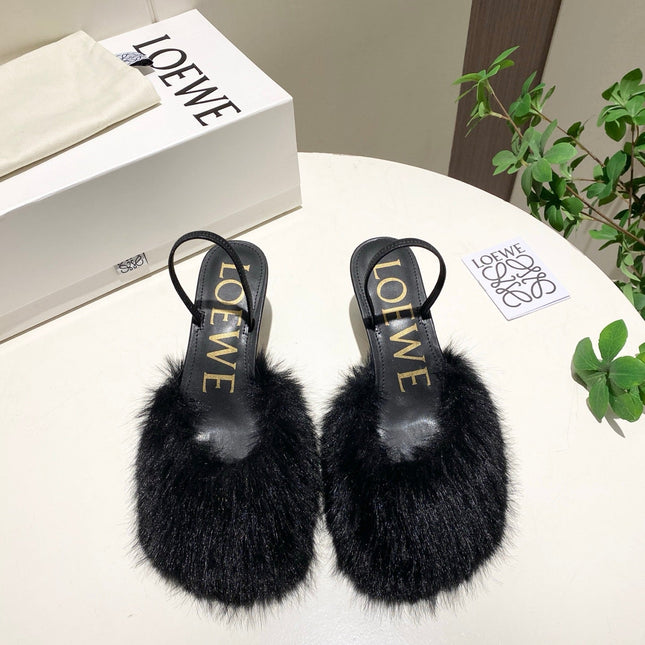 LOEWE 26S OPEN-BACK HIGH HEELS 60MM IN BLACK CALFSKIN WITH FUR