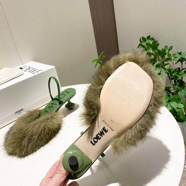 LOEWE 26S OPEN-BACK HIGH HEELS 60MM IN GREEN CALFSKIN WITH FUR