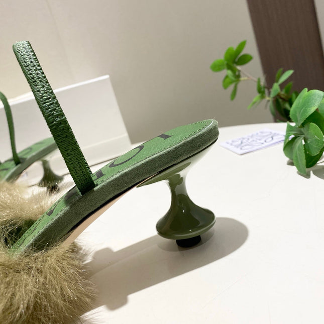 LOEWE 26S OPEN-BACK HIGH HEELS 60MM IN GREEN CALFSKIN WITH FUR