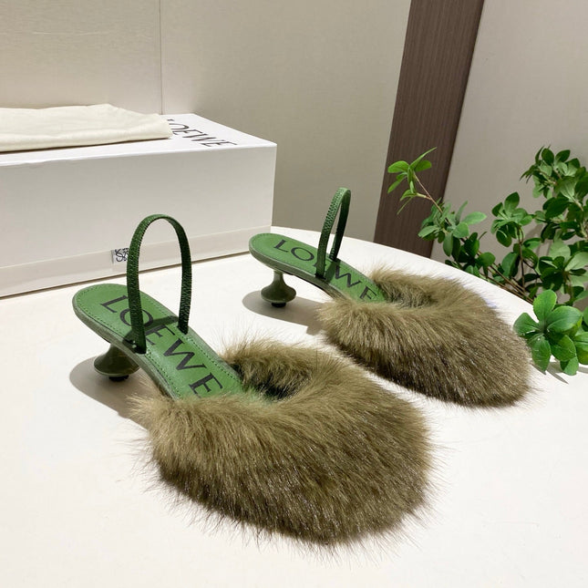 LOEWE 26S OPEN-BACK HIGH HEELS 60MM IN GREEN CALFSKIN WITH FUR