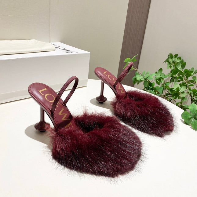 LOEWE 26S OPEN-BACK HIGH HEELS 100MM IN WINE RED CALFSKIN WITH FUR