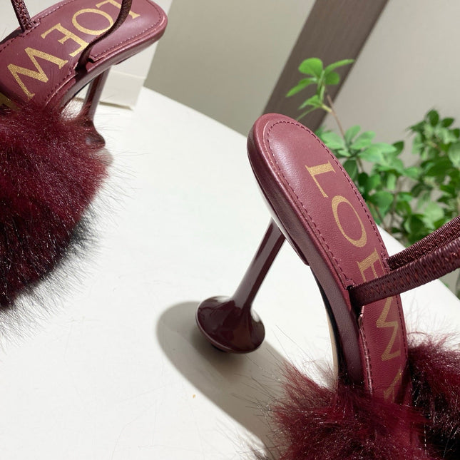 LOEWE 26S OPEN-BACK HIGH HEELS 100MM IN WINE RED CALFSKIN WITH FUR