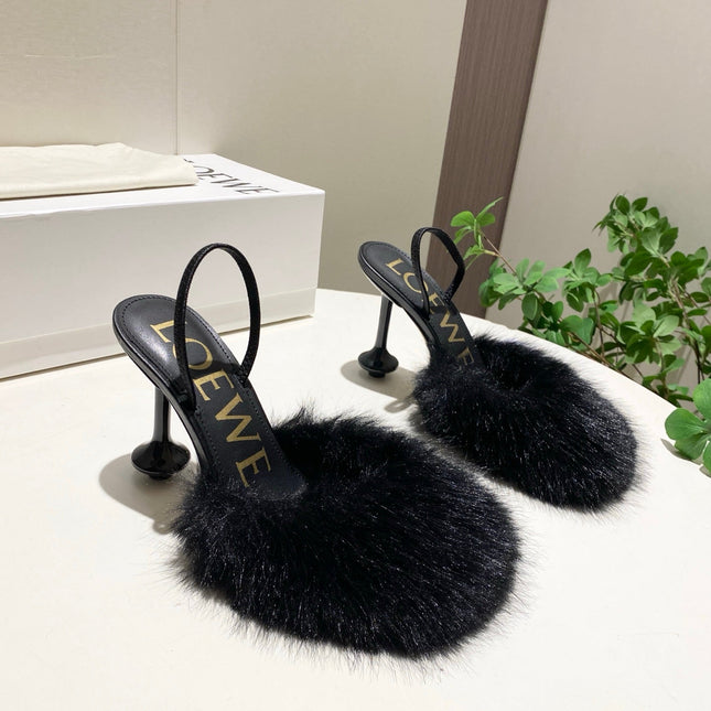 LOEWE 26S OPEN-BACK HIGH HEELS 100MM IN BLACK CALFSKIN WITH FUR