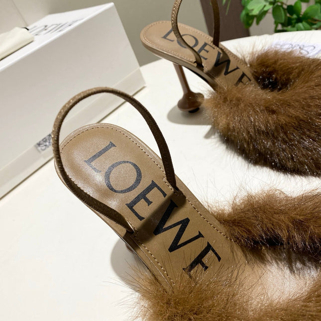 LOEWE 26S OPEN-BACK HIGH HEELS 100MM IN DARK BROWN CALFSKIN WITH FUR