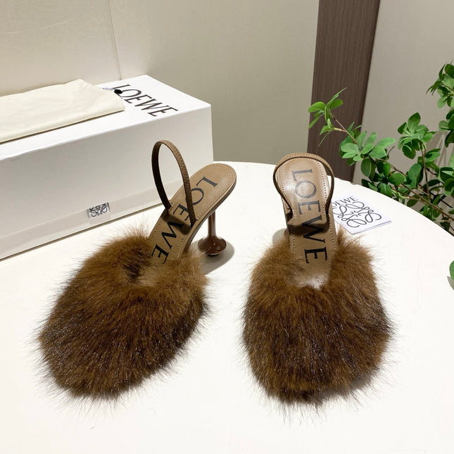 LOEWE 26S OPEN-BACK HIGH HEELS 100MM IN DARK BROWN CALFSKIN WITH FUR