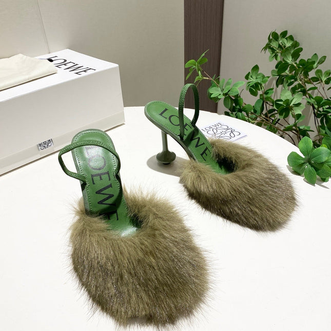 LOEWE 26S OPEN-BACK HIGH HEELS 100MM IN GREEN CALFSKIN WITH FUR