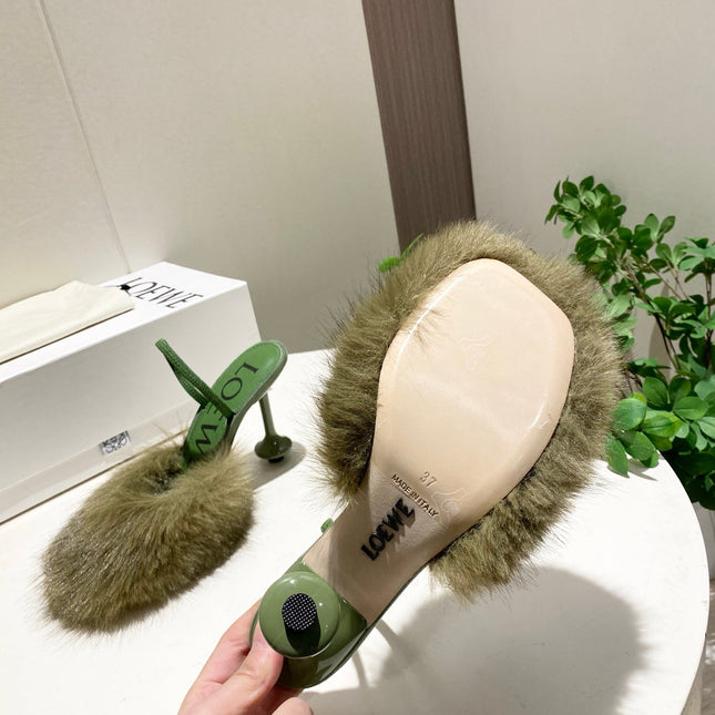 LOEWE 26S OPEN-BACK HIGH HEELS 100MM IN GREEN CALFSKIN WITH FUR