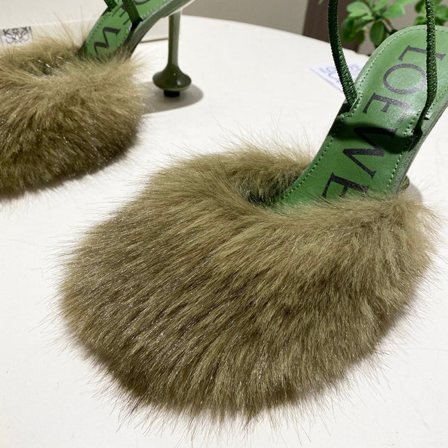 LOEWE 26S OPEN-BACK HIGH HEELS 100MM IN GREEN CALFSKIN WITH FUR