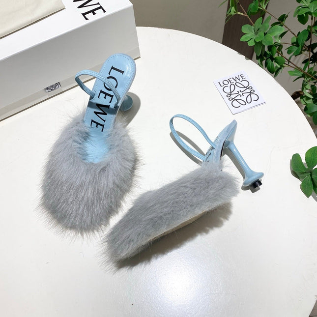 LOEWE 26S OPEN-BACK HIGH HEELS 100MM IN LIGHT BLUE CALFSKIN WITH FUR