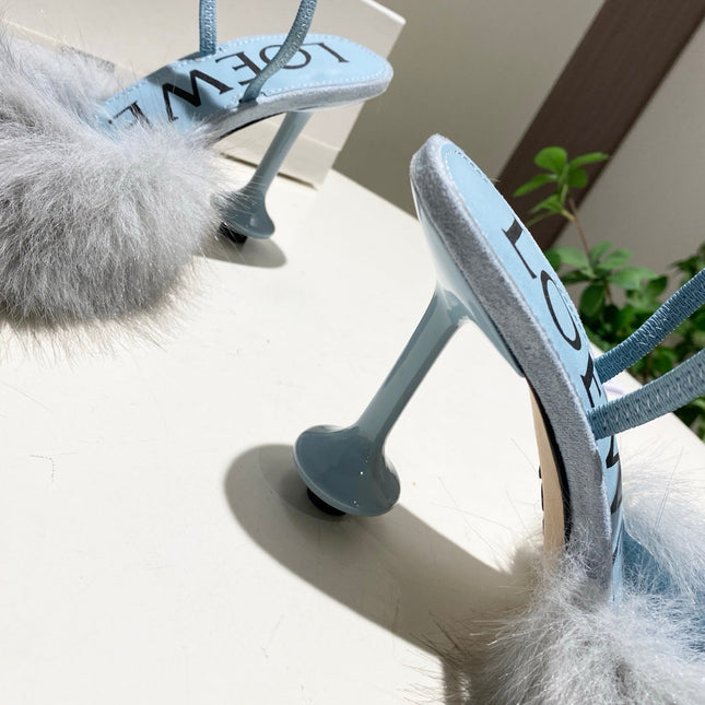LOEWE 26S OPEN-BACK HIGH HEELS 100MM IN LIGHT BLUE CALFSKIN WITH FUR