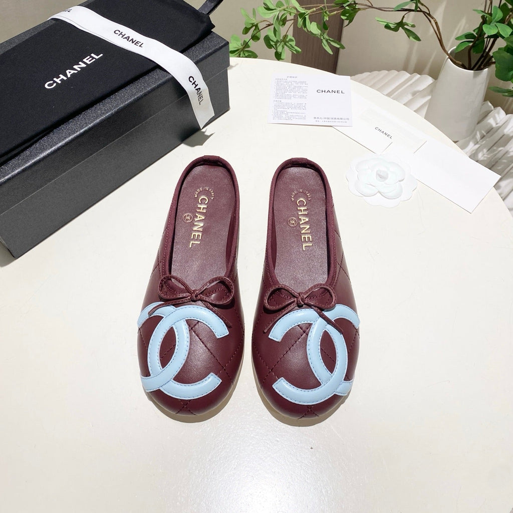 CHANEL 26S FLAT MULES IN DARK RED LAMBSKIN