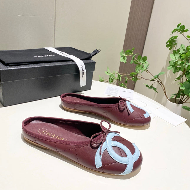 CHANEL 26S FLAT MULES IN DARK RED LAMBSKIN