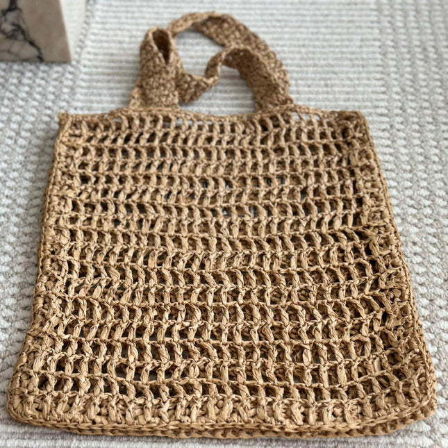 BLACK EMBROIDED LOGO TOTE BAG 40IN BROWN WOVEN RAFFIA